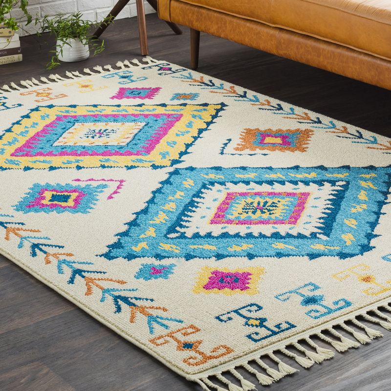 Denya Boho Moroccan Tassel Beige/Blue Area Rug & Reviews AllModern